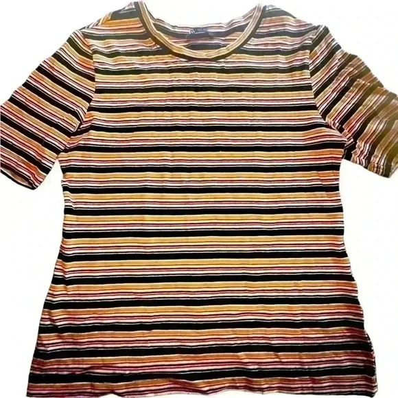 Zara large‎ scoop neck short sleeve stripe T-shirt notched edge detail. Stretchy - Picture 1 of 8